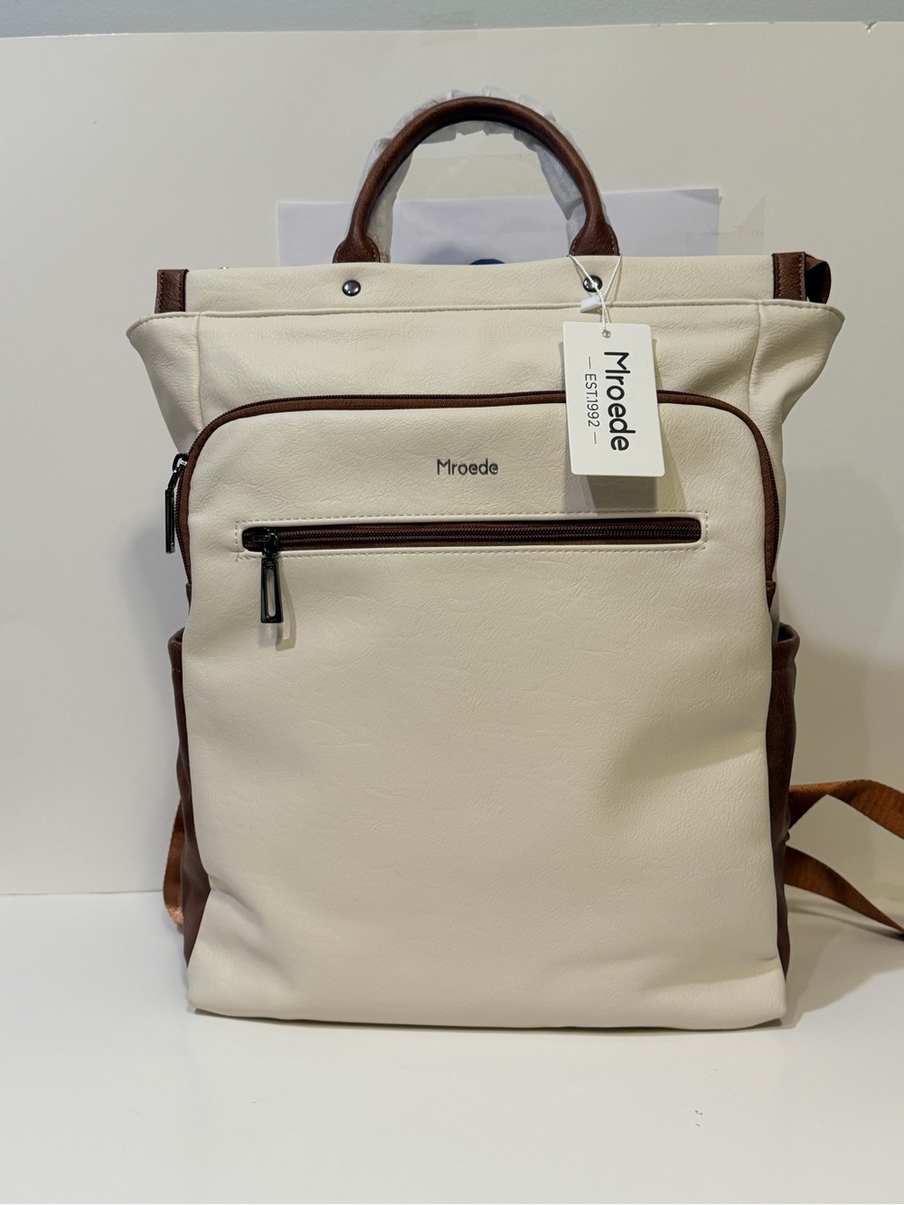 NWT Mroede Convertible Women's Laptop Backpack in Cream and Brown Color